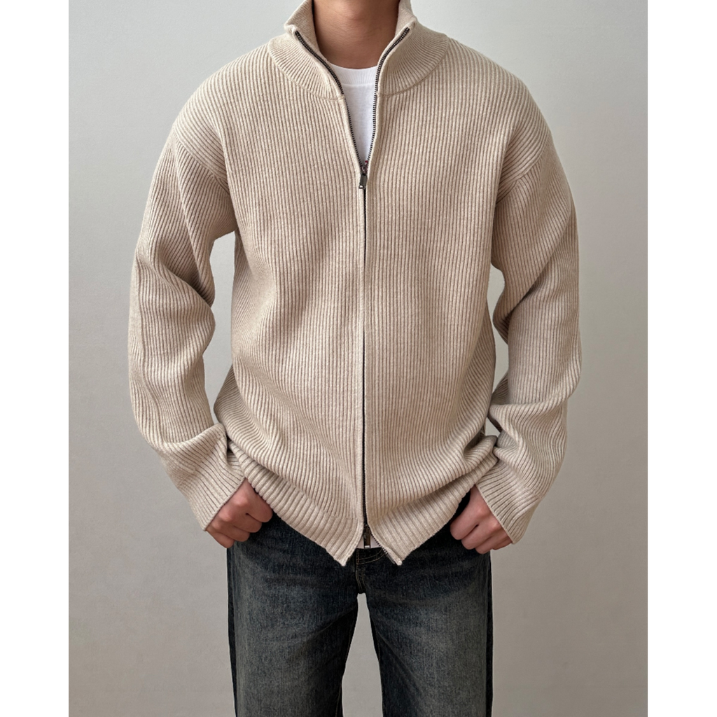 Men's Ribbed Knit Full Zip Up Cardigan with High Collar - Image 7