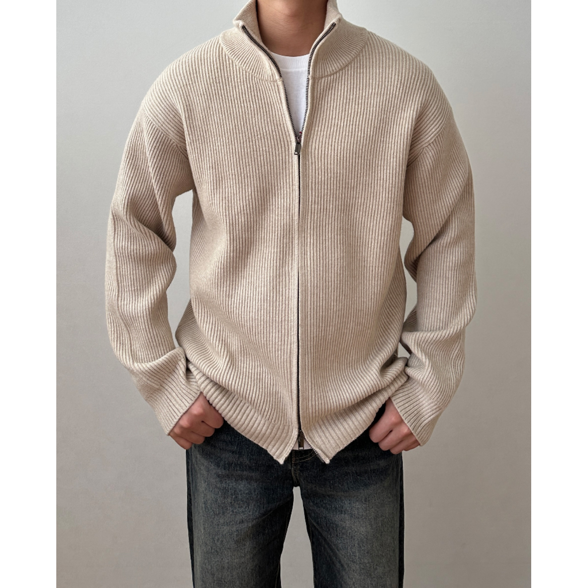 Men's Ribbed Knit Full Zip Up Cardigan with High Collar - Image 7