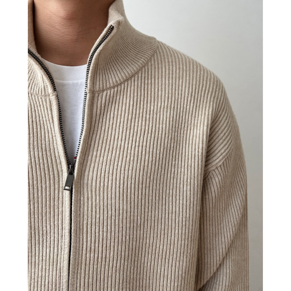 Men's Ribbed Knit Full Zip Up Cardigan with High Collar - Image 8