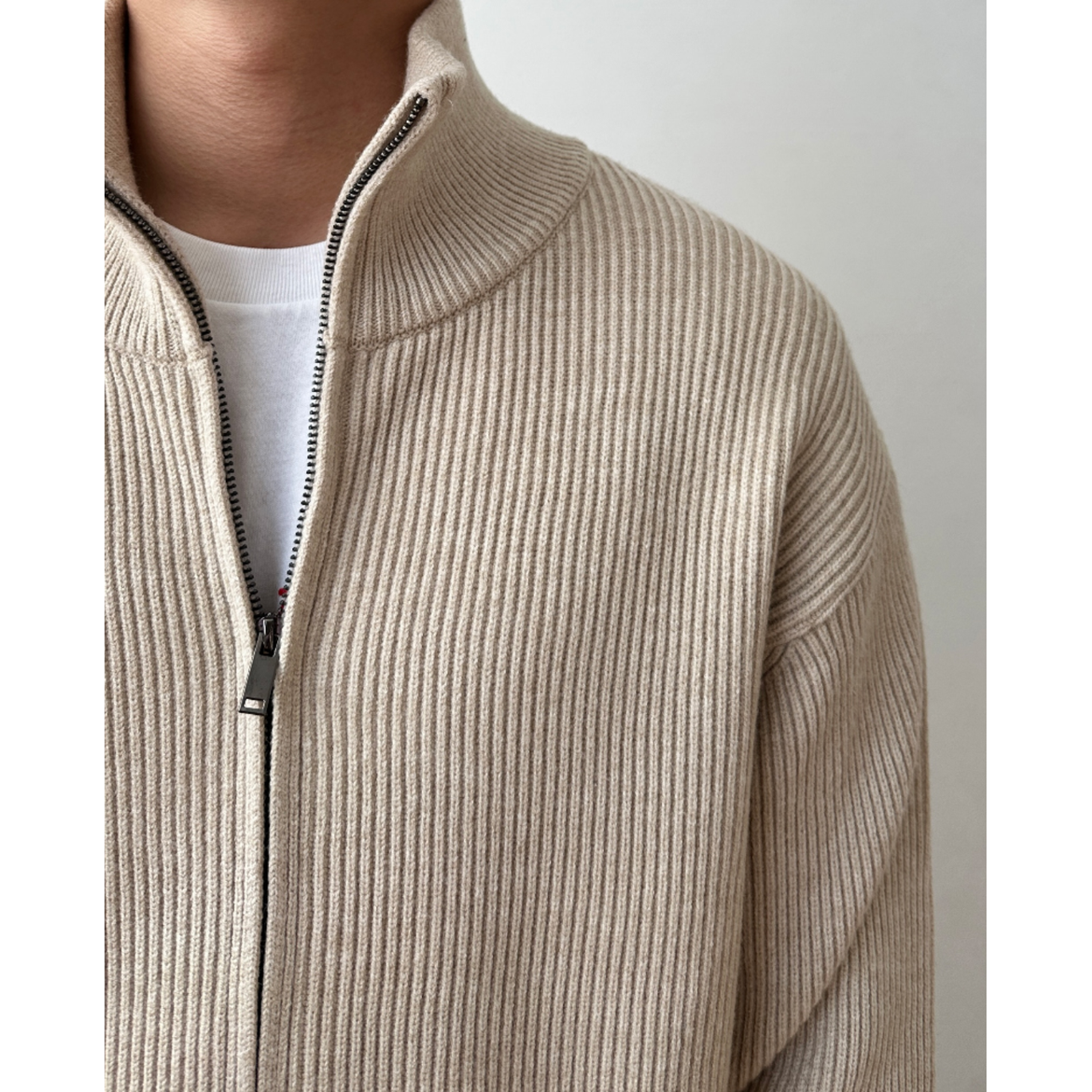 Men's Ribbed Knit Full Zip Up Cardigan with High Collar - Image 8
