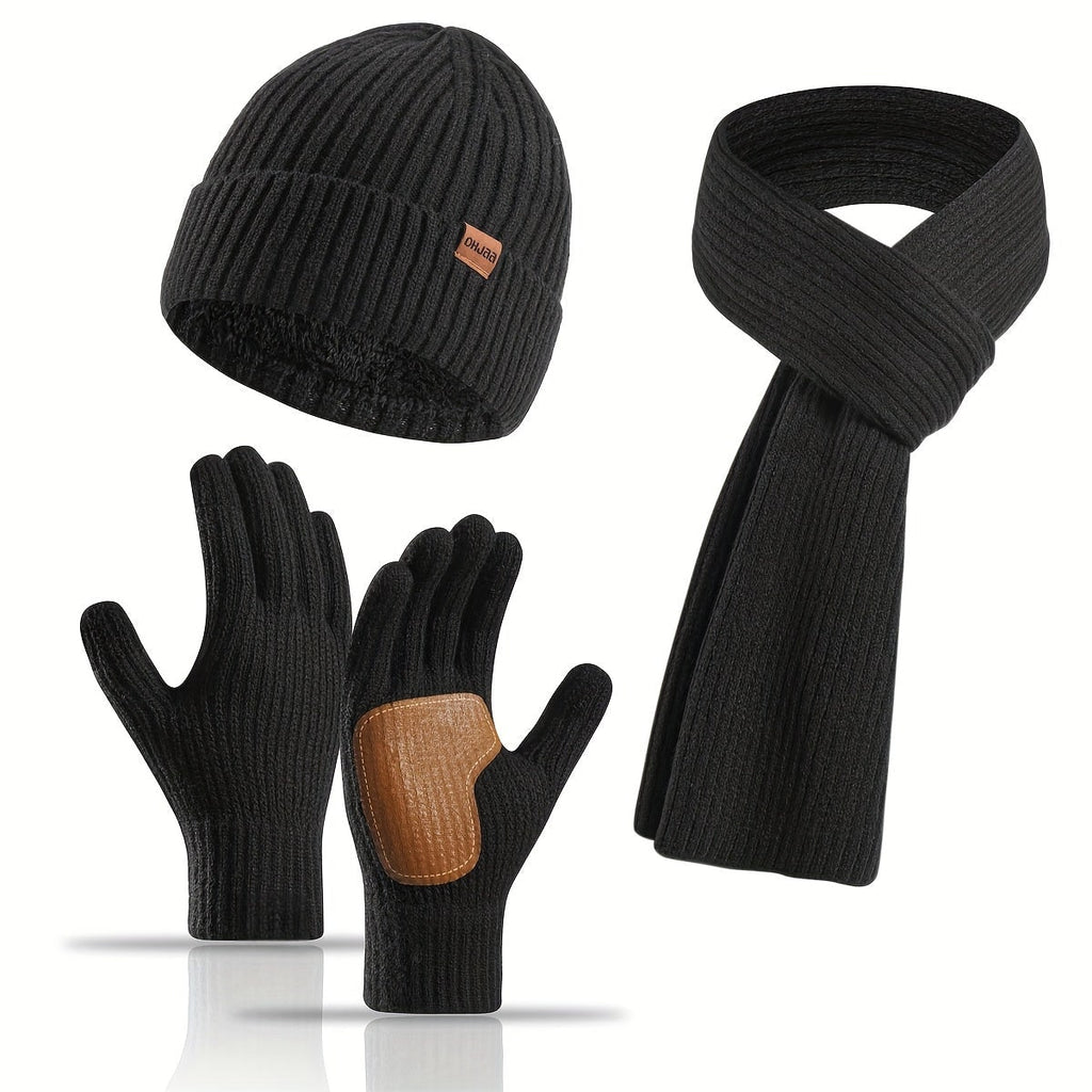 Men's Ribbed Knit Winter Scarf Gloves Set with Fleece Lined Beanie and Touchscreen Compatible Fingertips - Image 1