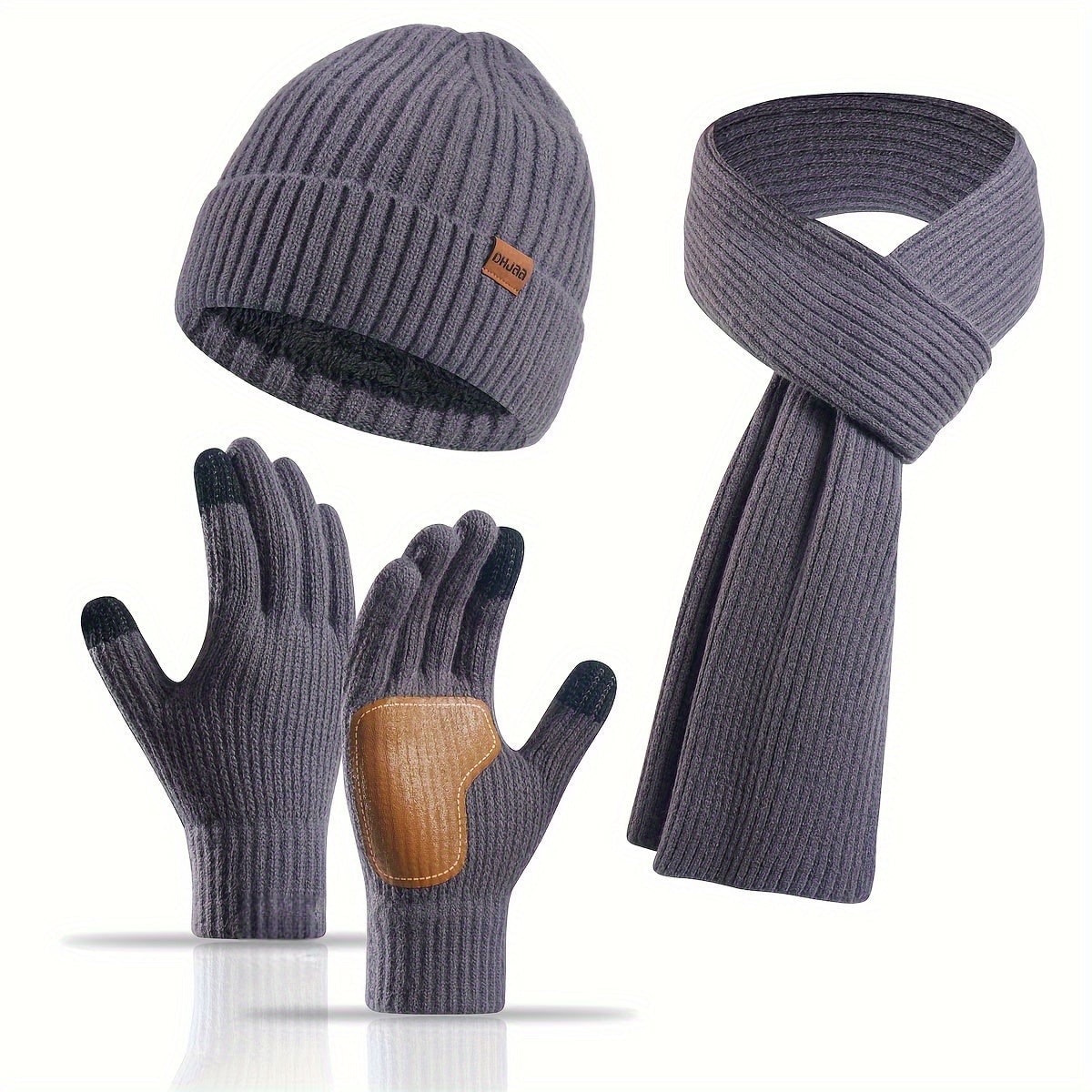 Men's Ribbed Knit Winter Scarf Gloves Set with Fleece Lined Beanie and Touchscreen Compatible Fingertips - Image 10
