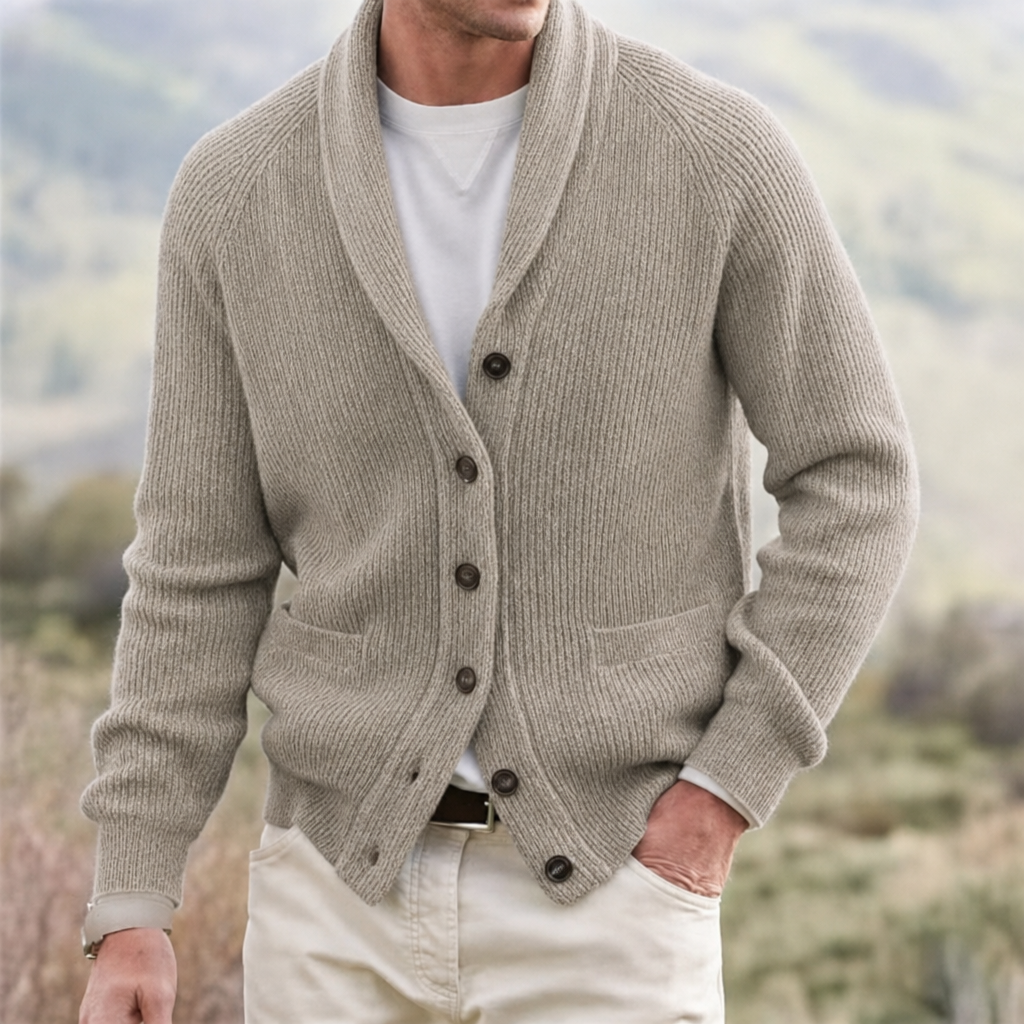 Men's Shawl Collar Knit Cardigan Sweater with Button Front and Ribbed Texture - Image 5