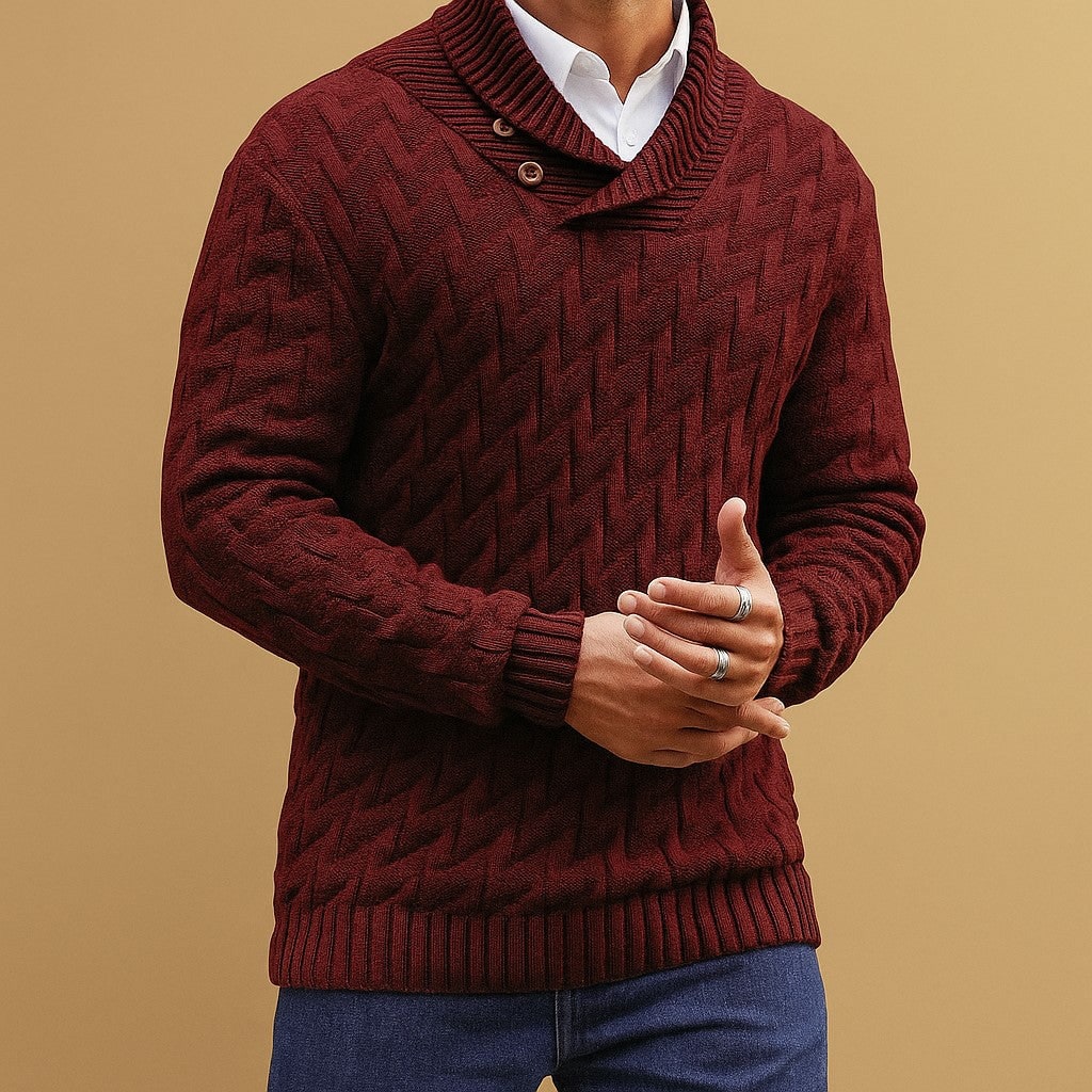 Men's Shawl Collar Sweater with Button Detail and Textured Knit Pullover - Image 1