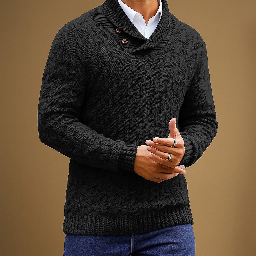 Men's Shawl Collar Sweater with Button Detail and Textured Knit Pullover - Image 2