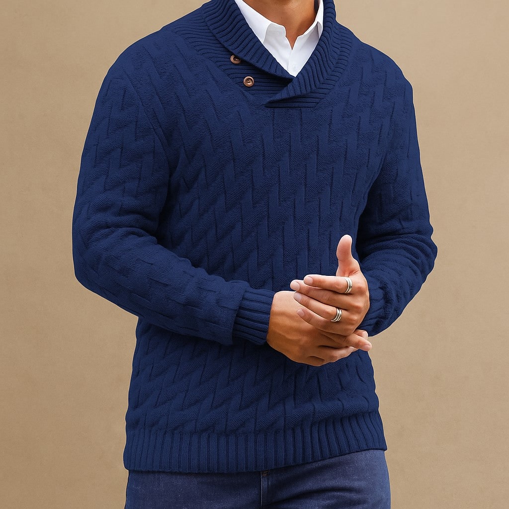 Men's Shawl Collar Sweater with Button Detail and Textured Knit Pullover - Image 3
