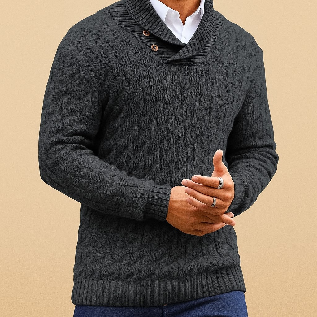 Men's Shawl Collar Sweater with Button Detail and Textured Knit Pullover - Image 4