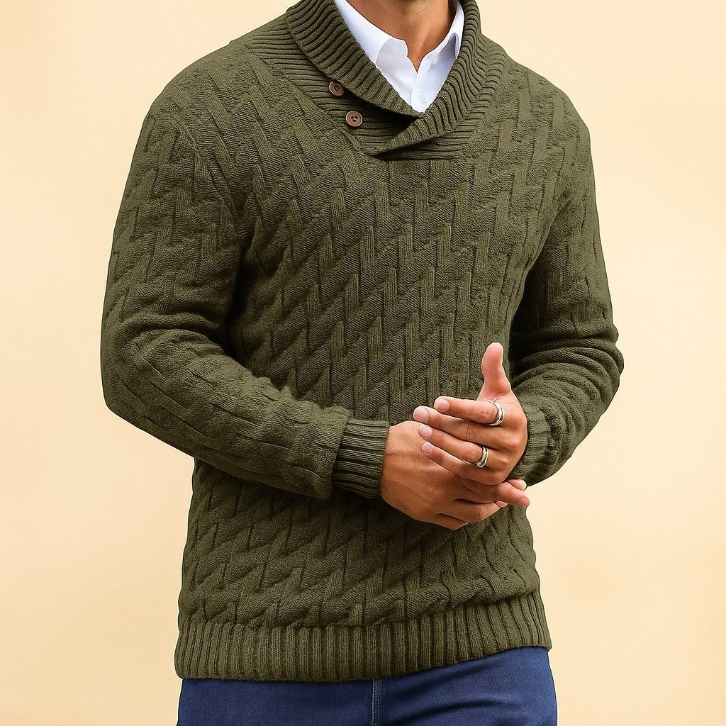 Men's Shawl Collar Sweater with Button Detail and Textured Knit Pullover - Image 6