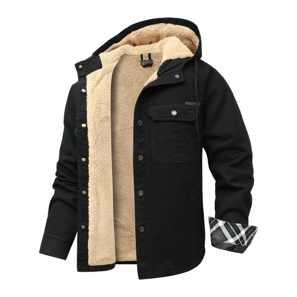 Men's Sherpa Lined Canvas Jacket with Hooded Fleece and Snap Closure - Image 1