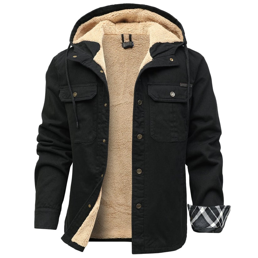 Men's Sherpa Lined Canvas Jacket with Hooded Fleece and Snap Closure - Image 2