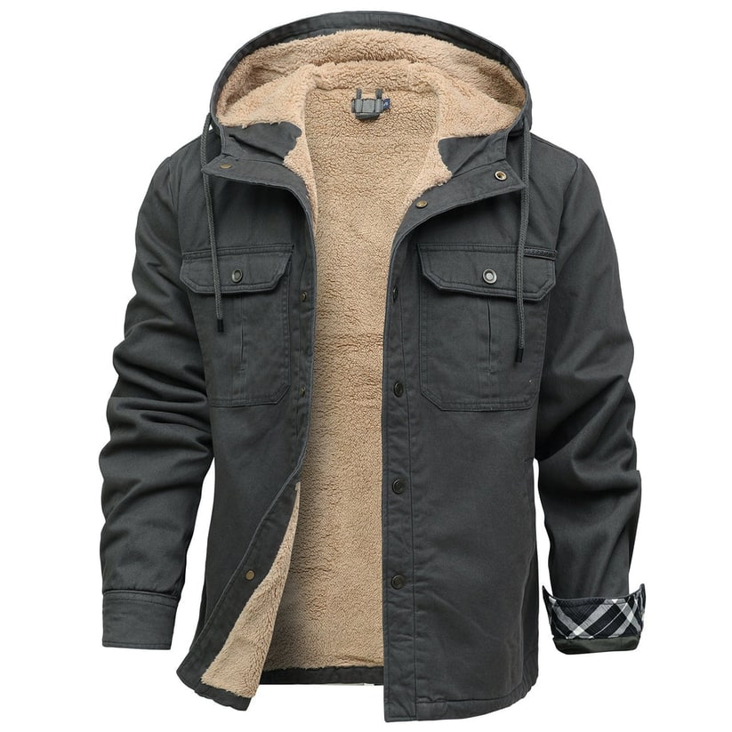 Men's Sherpa Lined Canvas Jacket with Hooded Fleece and Snap Closure - Image 3