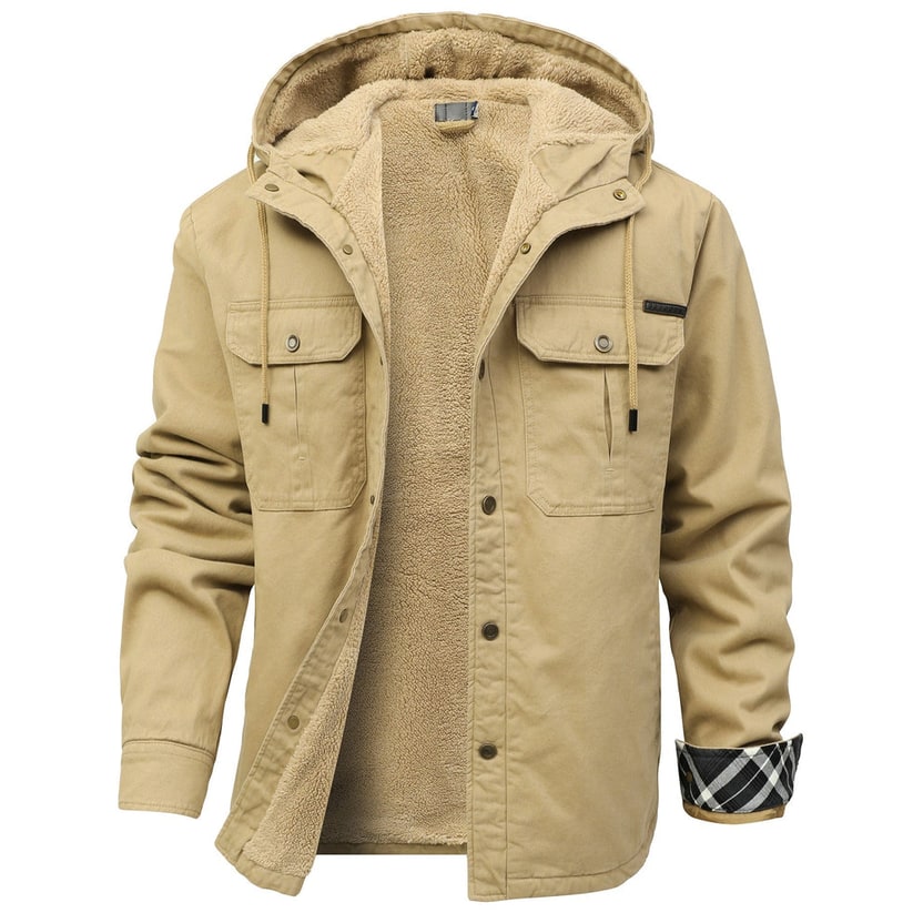Men's Sherpa Lined Canvas Jacket with Hooded Fleece and Snap Closure - Image 4