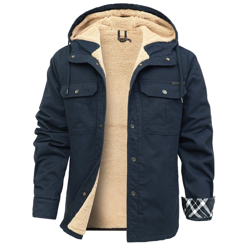 Men's Sherpa Lined Canvas Jacket with Hooded Fleece and Snap Closure - Image 5