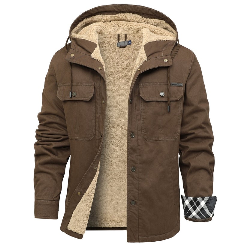 Men's Sherpa Lined Canvas Jacket with Hooded Fleece and Snap Closure - Image 6