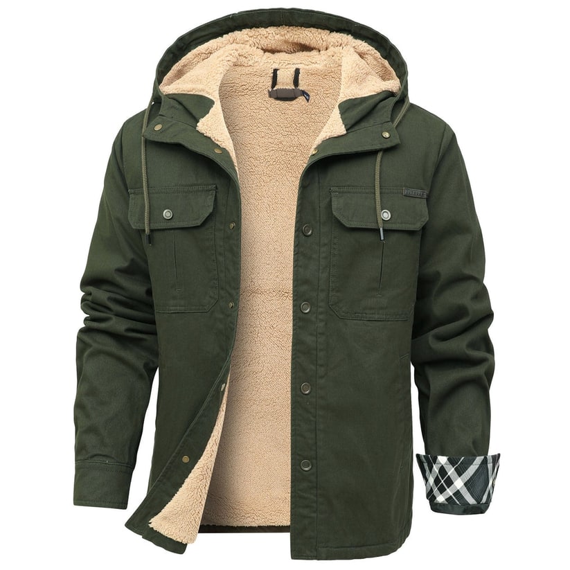Men's Sherpa Lined Canvas Jacket with Hooded Fleece and Snap Closure - Image 7