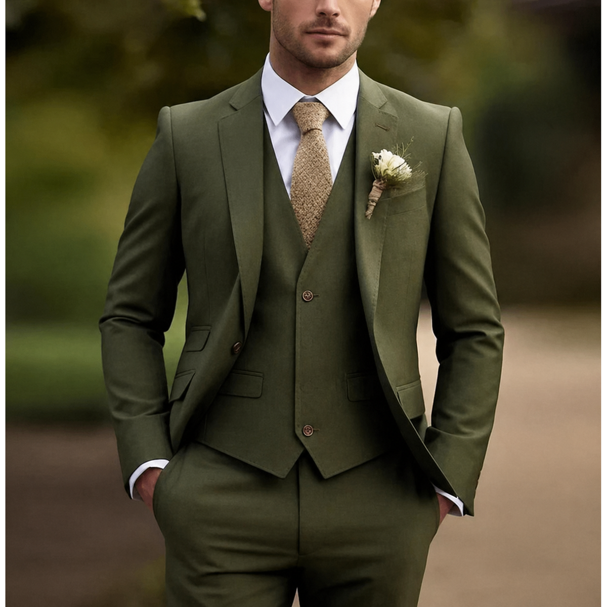 Men's Slim Fit Three Piece Dress Suit with Single Breasted Blazer and Matching Waistcoat - Image 1