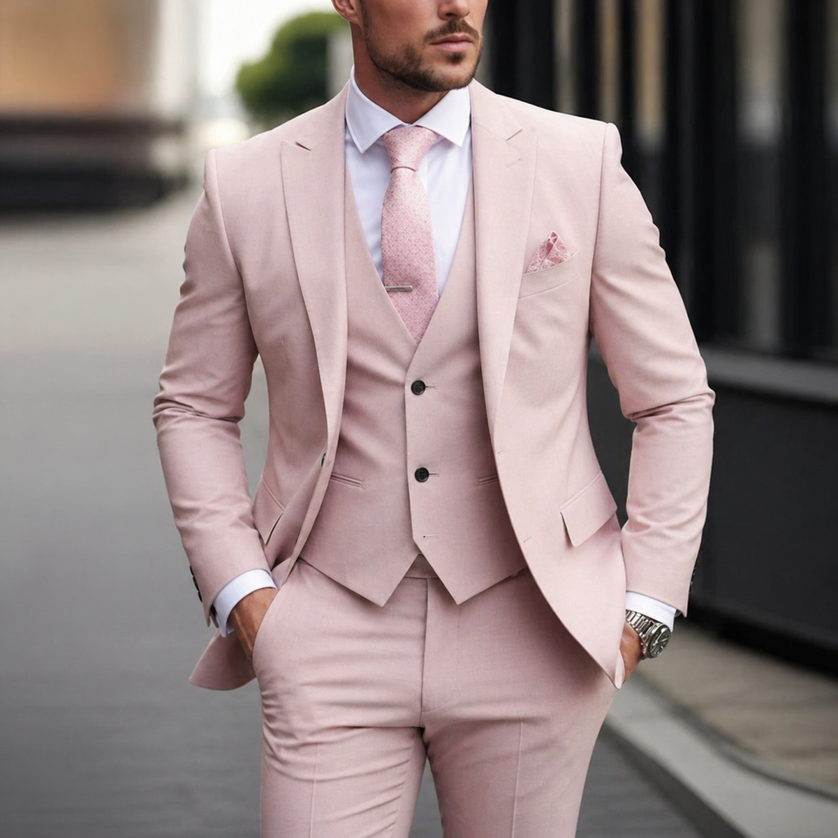 Men's Slim Fit Three Piece Dress Suit with Single Breasted Blazer and Matching Waistcoat - Image 12