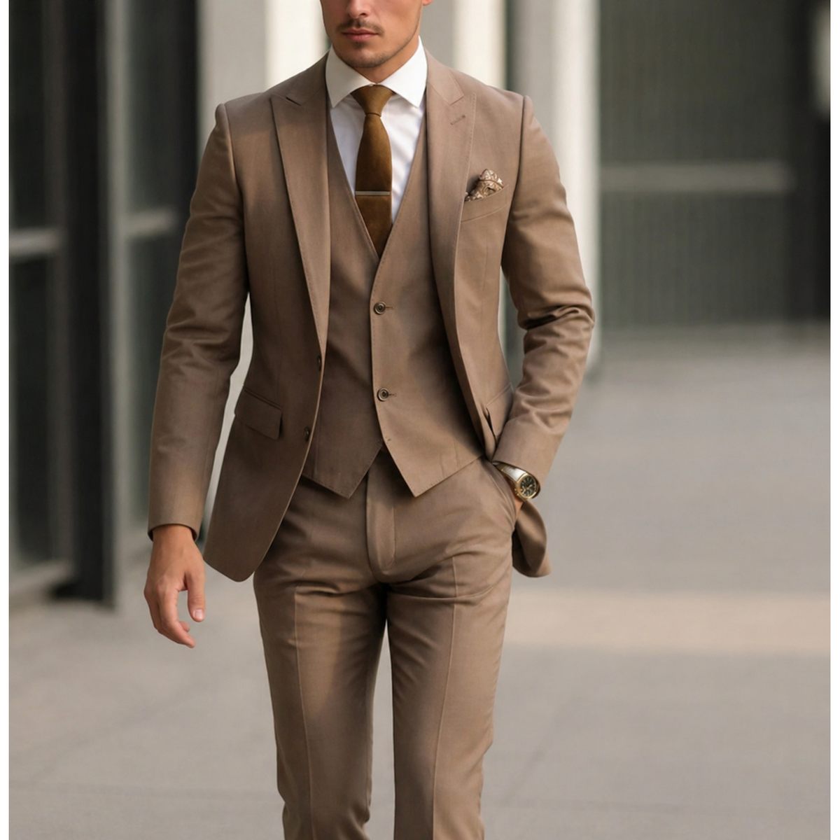 Men's Slim Fit Three Piece Dress Suit with Single Breasted Blazer and Matching Waistcoat - Image 2