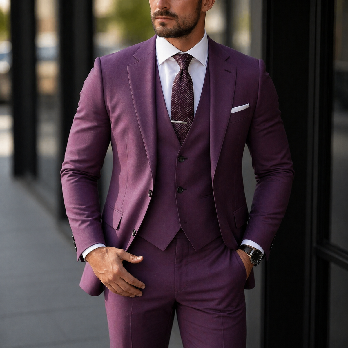 Men's Slim Fit Three Piece Dress Suit with Single Breasted Blazer and Matching Waistcoat - Image 6