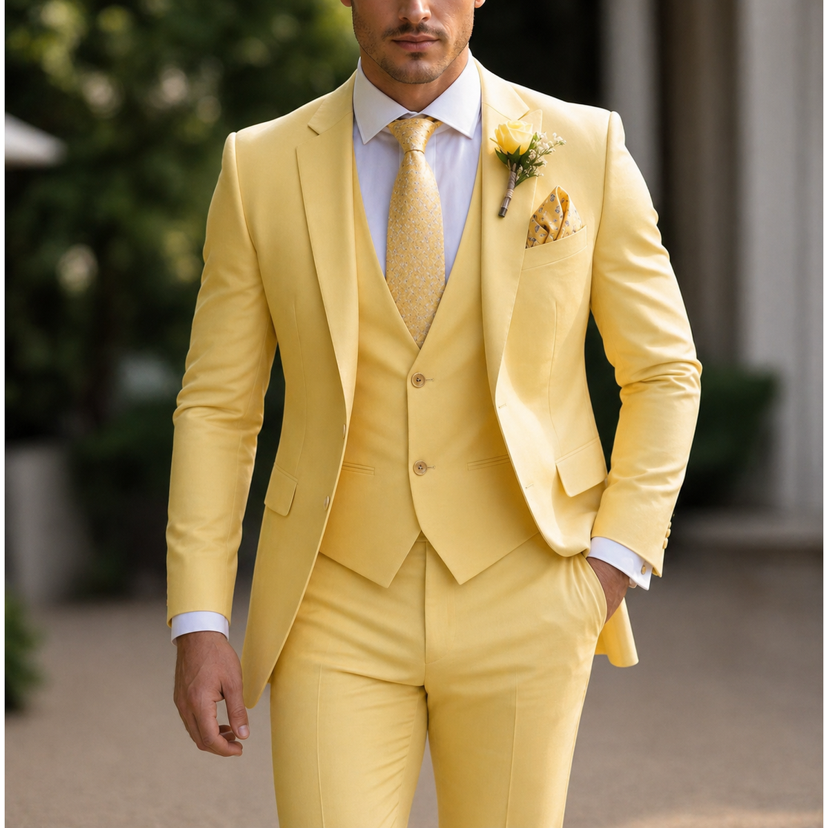 Men's Slim Fit Three Piece Dress Suit with Single Breasted Blazer and Matching Waistcoat - Image 9