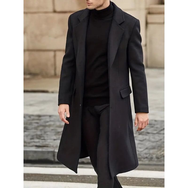 Men's Slim-Fit Trench Wool Overcoat with Notched Lapel and Long Dress Length - Image 1