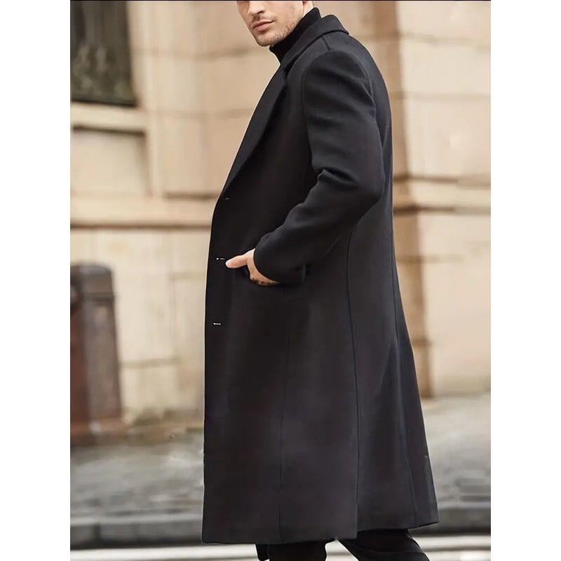 Men's Slim-Fit Trench Wool Overcoat with Notched Lapel and Long Dress Length - Image 2
