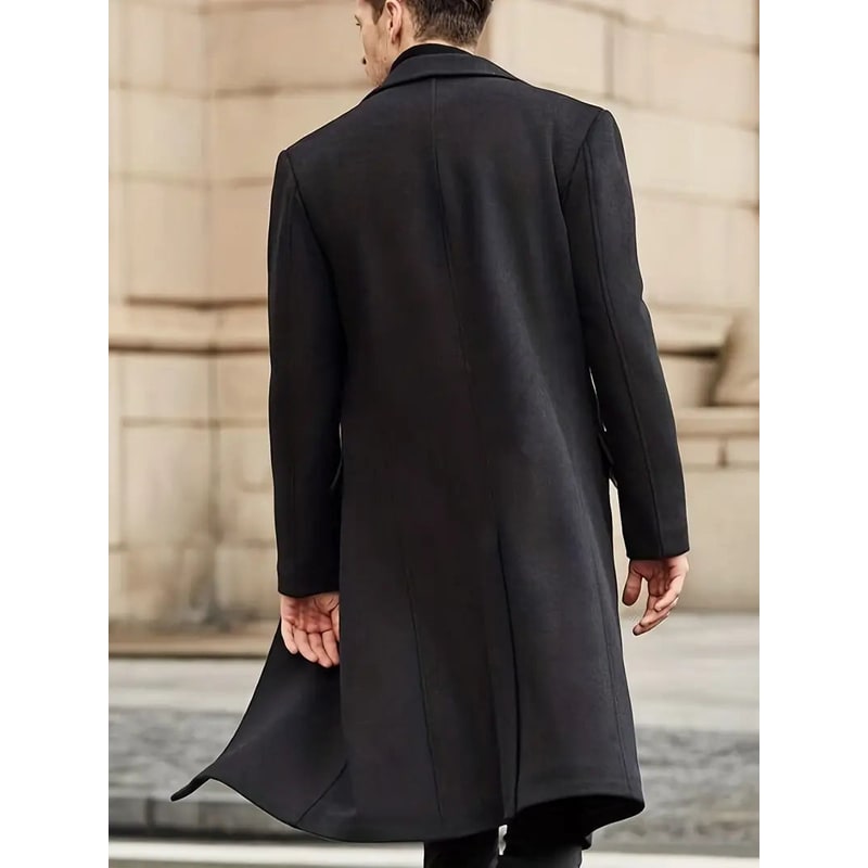 Men's Slim-Fit Trench Wool Overcoat with Notched Lapel and Long Dress Length - Image 3