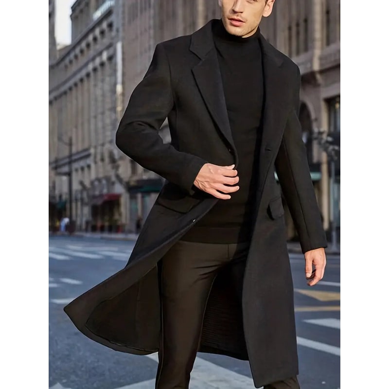 Men's Slim-Fit Trench Wool Overcoat with Notched Lapel and Long Dress Length - Image 4