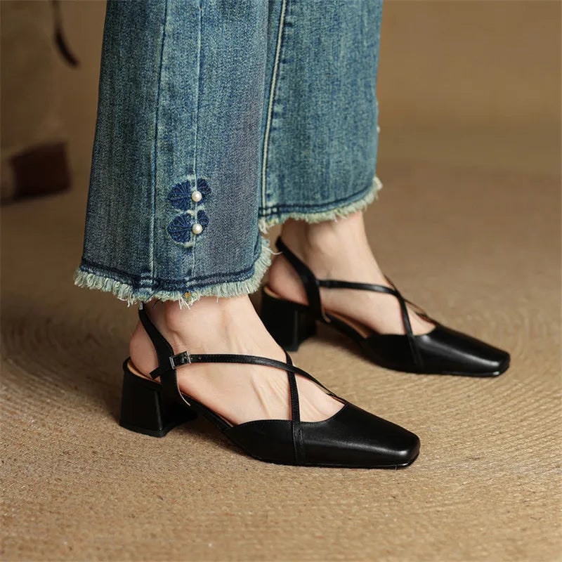 Men's Slingback Block Heels with Square Toe and Adjustable Buckle Strap - Image 7