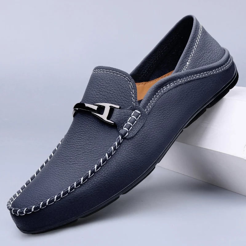 Men's Slip on Leather Loafers for Driving with Moc Toe and Contrast Stitching - Image 1