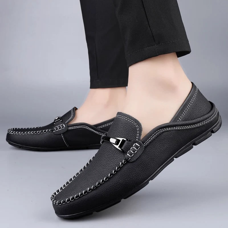 Men's Slip on Leather Loafers for Driving with Moc Toe and Contrast Stitching - Image 6