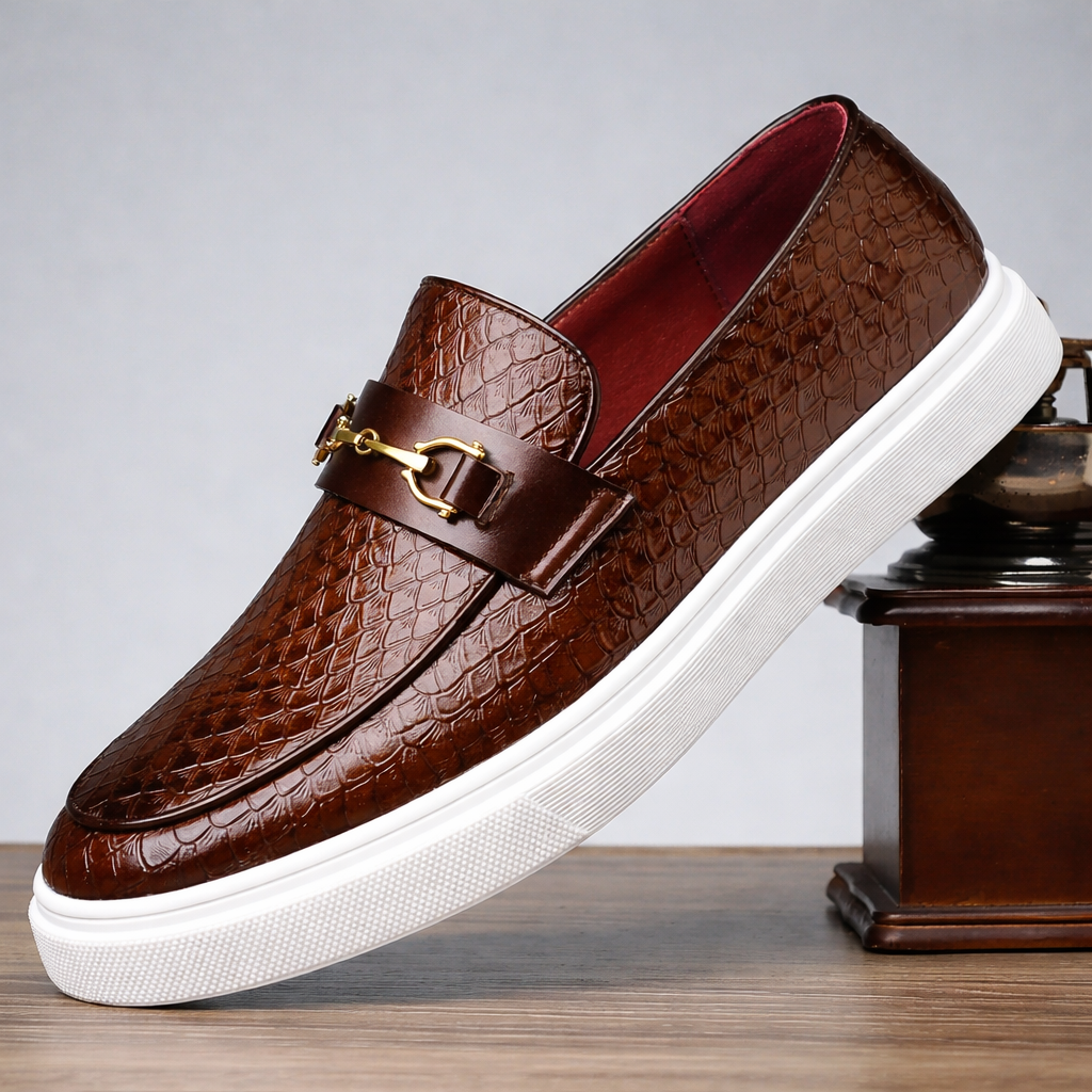 Men's Slip on Loafers Sneakers with Croc Embossed Leather and Gold Horsebit - Image 1
