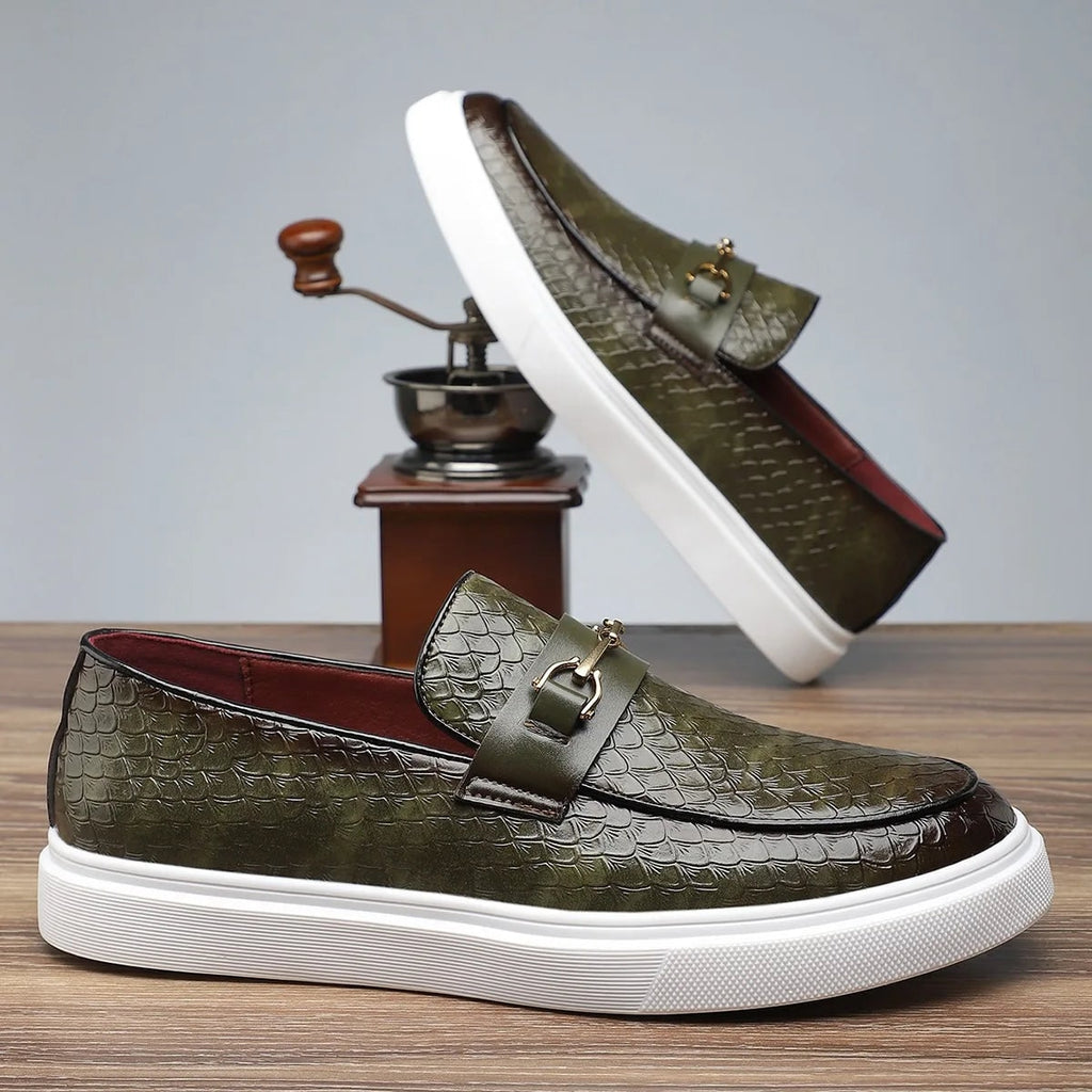 Men's Slip on Loafers Sneakers with Croc Embossed Leather and Gold Horsebit - Image 10
