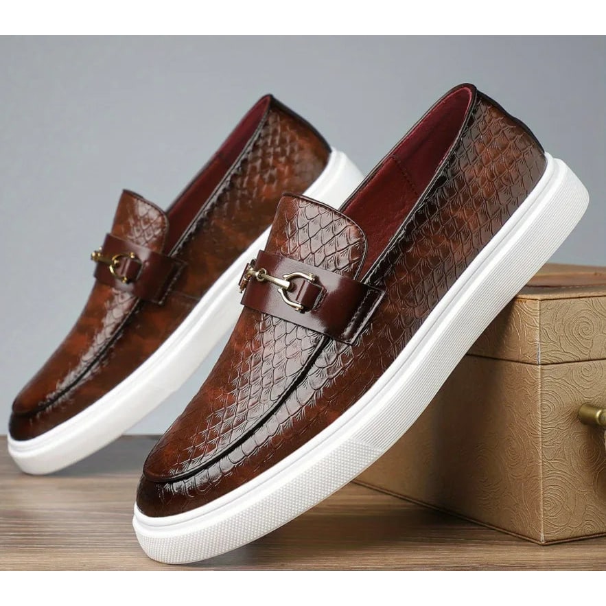 Men's Slip on Loafers Sneakers with Croc Embossed Leather and Gold Horsebit - Image 2