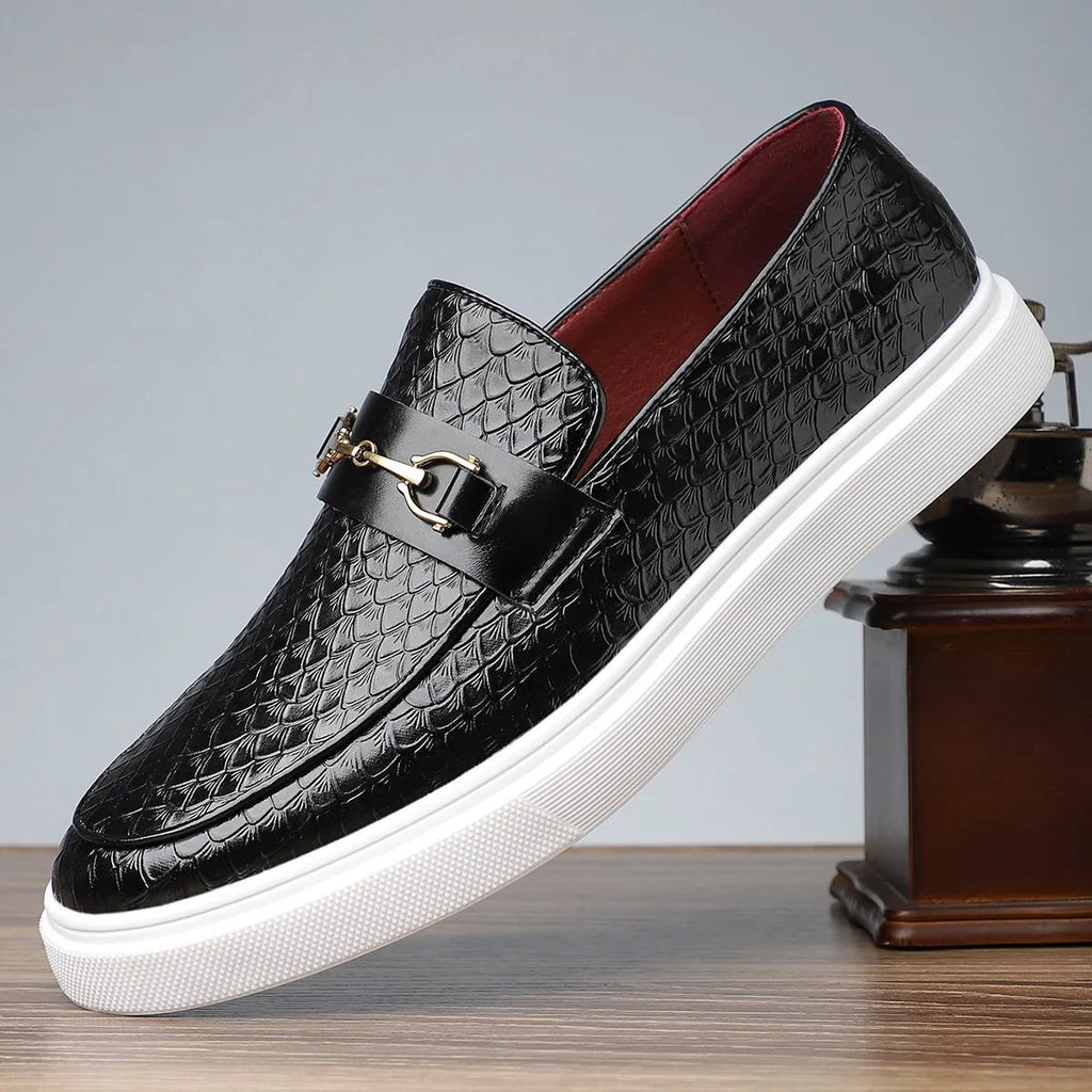 Men's Slip on Loafers Sneakers with Croc Embossed Leather and Gold Horsebit - Image 3