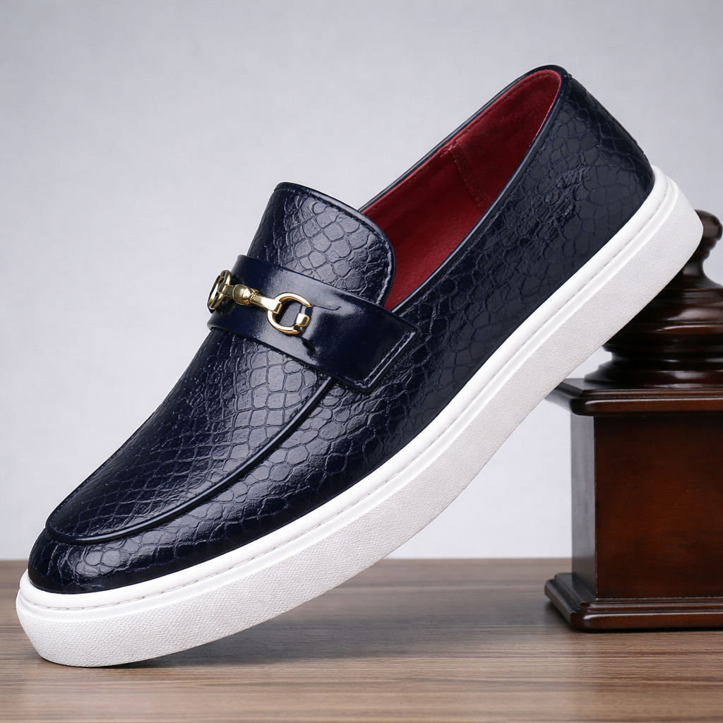 Men's Slip on Loafers Sneakers with Croc Embossed Leather and Gold Horsebit - Image 5