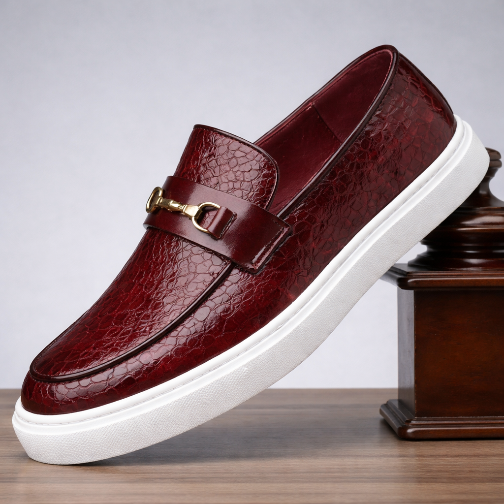 Men's Slip on Loafers Sneakers with Croc Embossed Leather and Gold Horsebit - Image 7