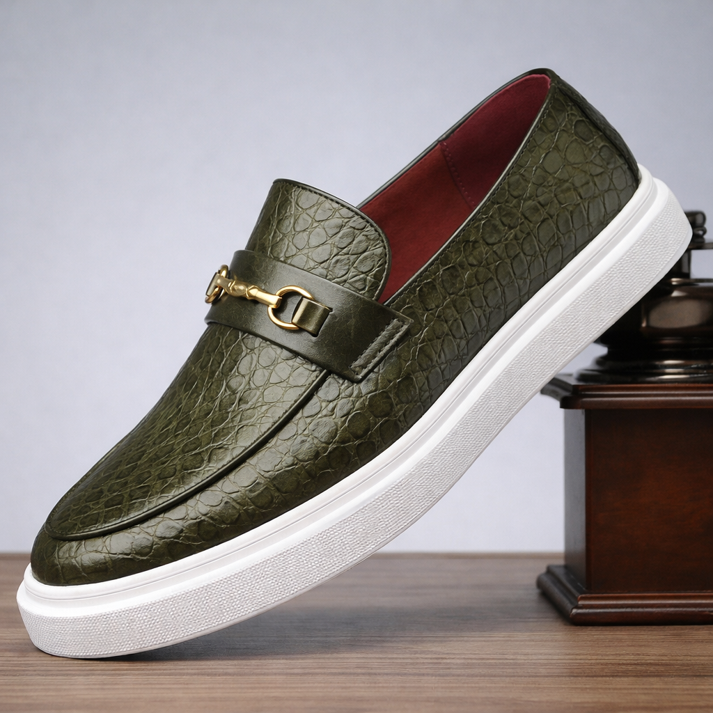 Men's Slip on Loafers Sneakers with Croc Embossed Leather and Gold Horsebit - Image 9