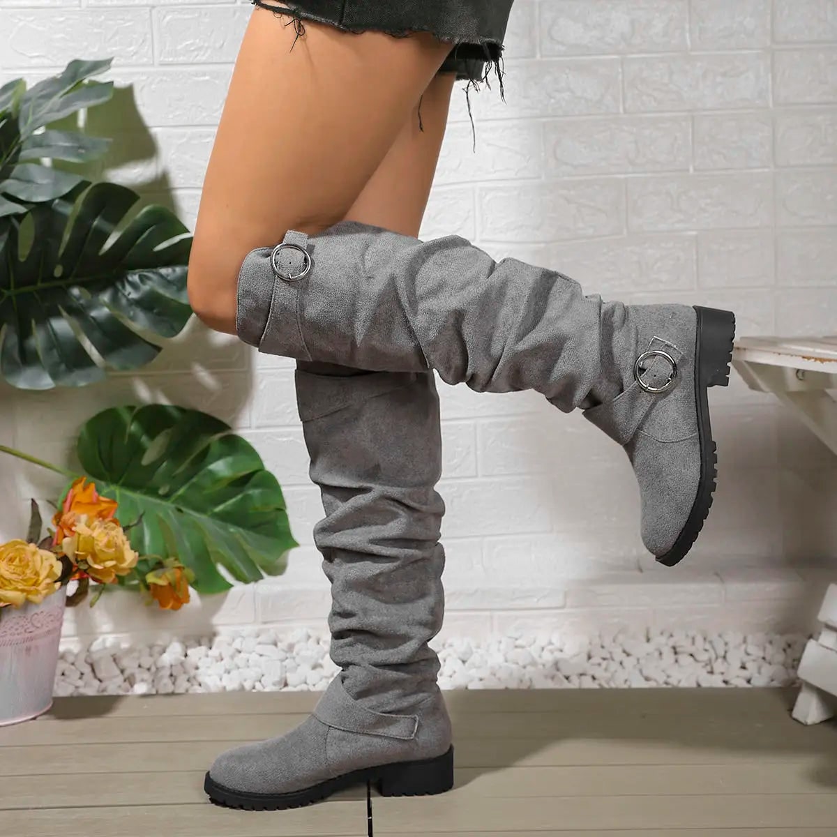 Men's Slouchy Knee High Boots with Block Heel and Buckle Strap - Image 1