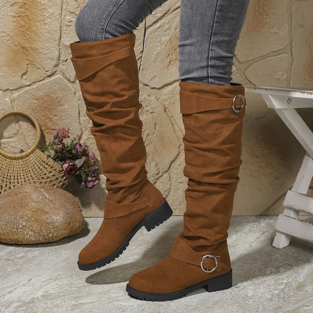 Men's Slouchy Knee High Boots with Block Heel and Buckle Strap - Image 2