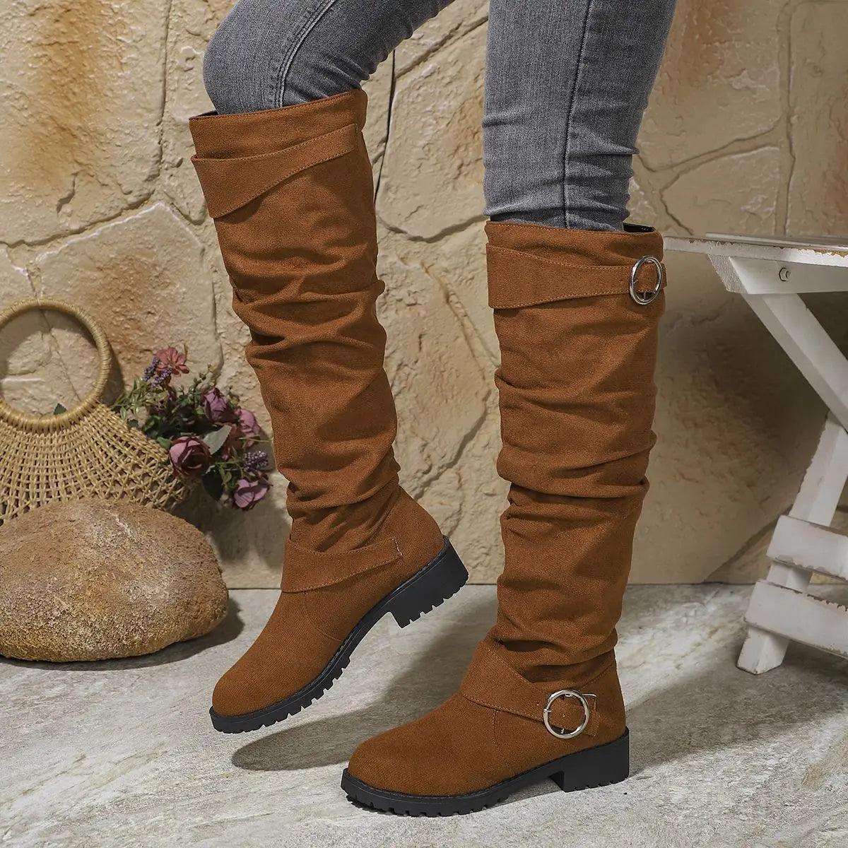 Men's Slouchy Knee High Boots with Block Heel and Buckle Strap - Image 2