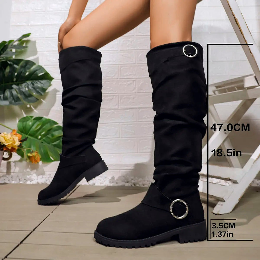Men's Slouchy Knee High Boots with Block Heel and Buckle Strap - Image 3