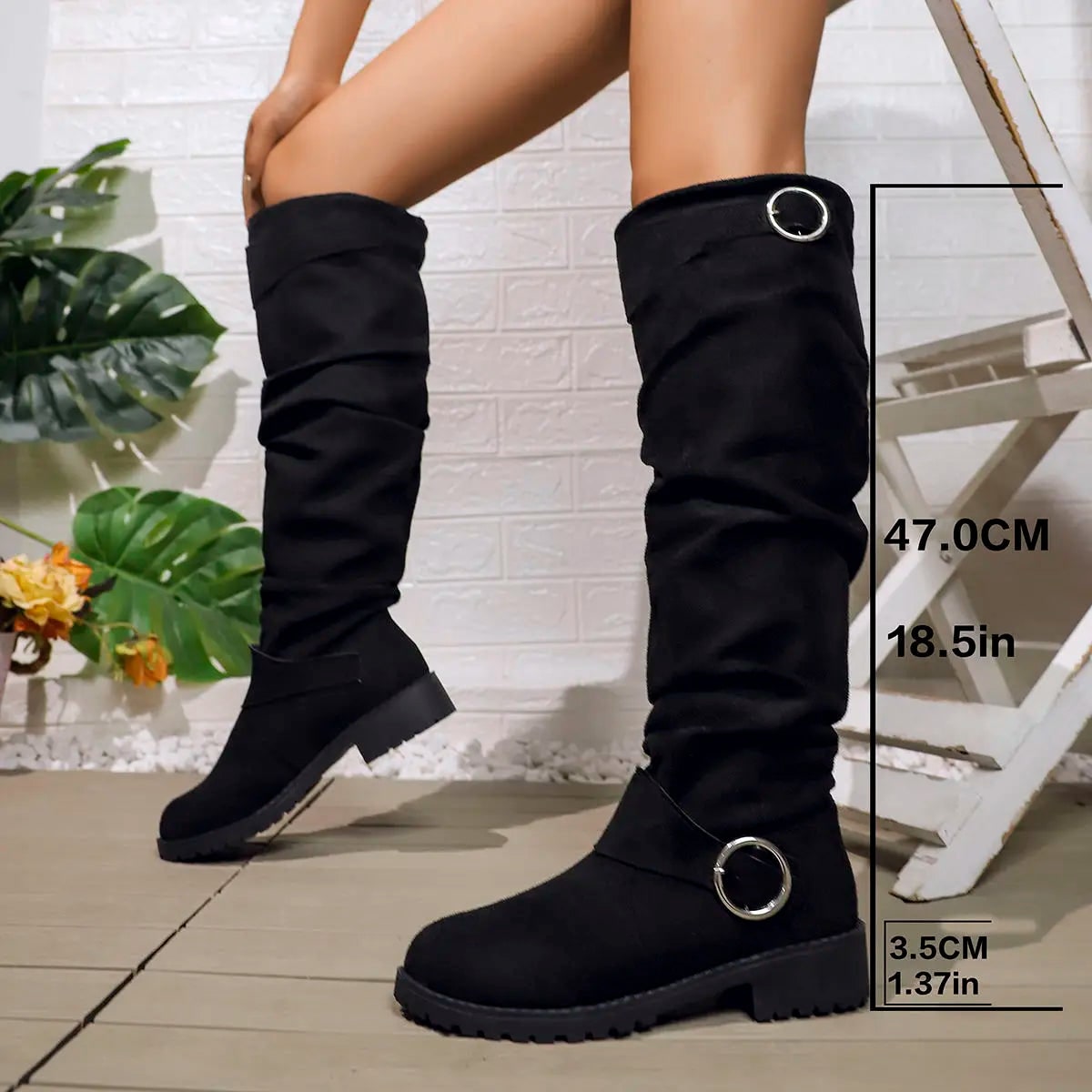 Men's Slouchy Knee High Boots with Block Heel and Buckle Strap - Image 3