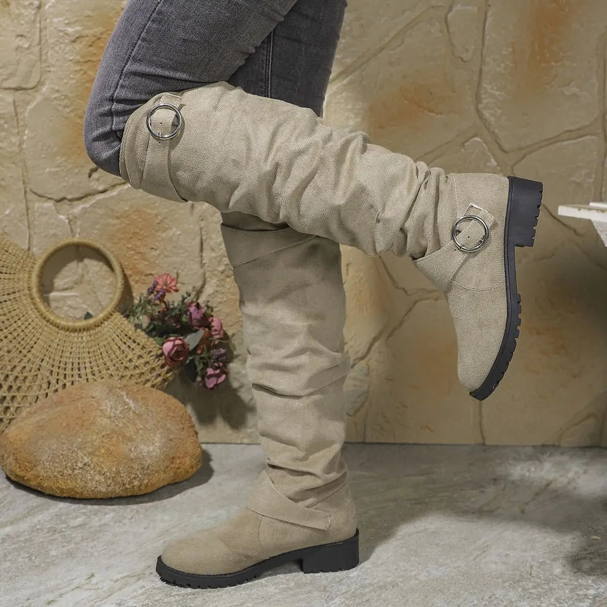 Men's Slouchy Knee High Boots with Block Heel and Buckle Strap - Image 4