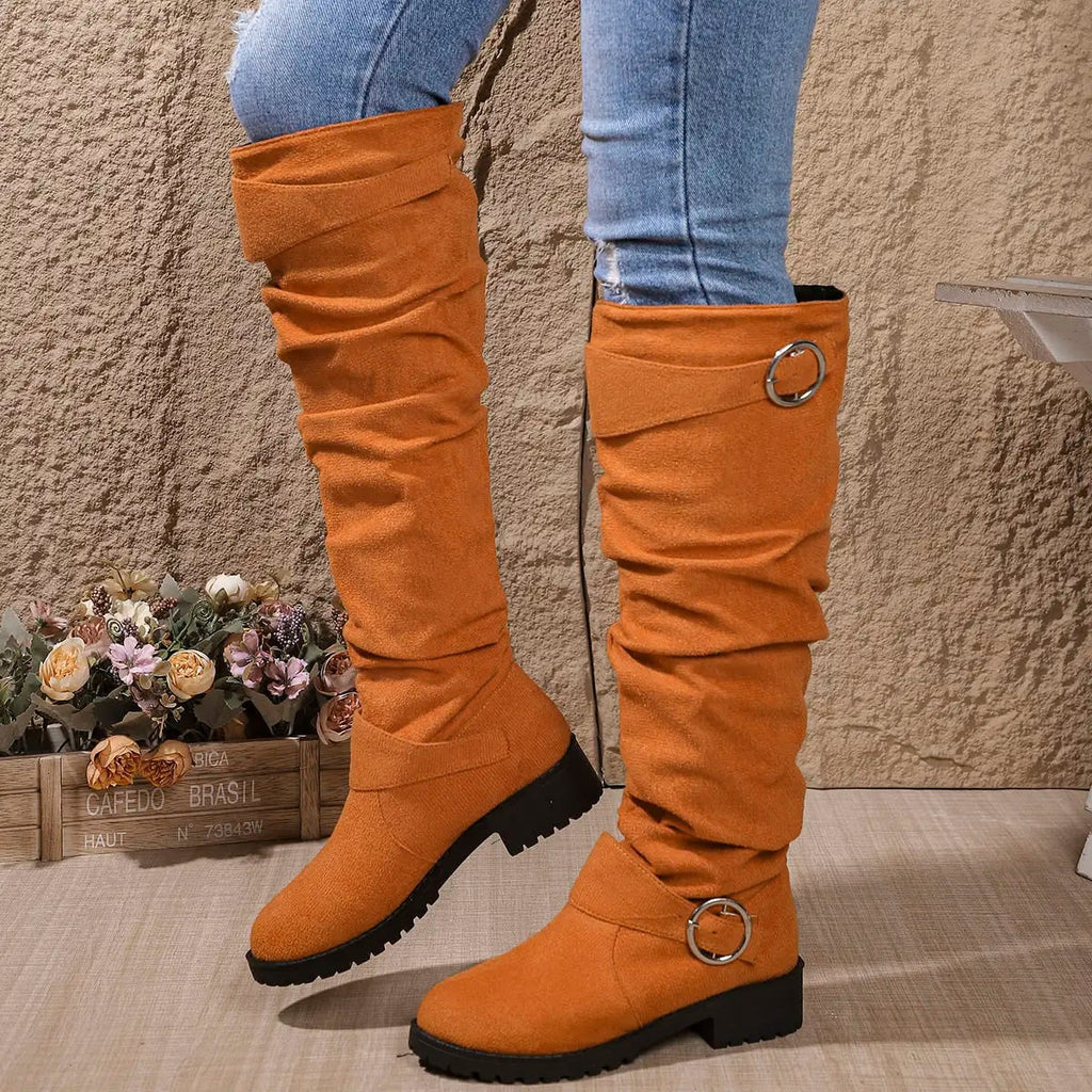 Men's Slouchy Knee High Boots with Block Heel and Buckle Strap - Image 5