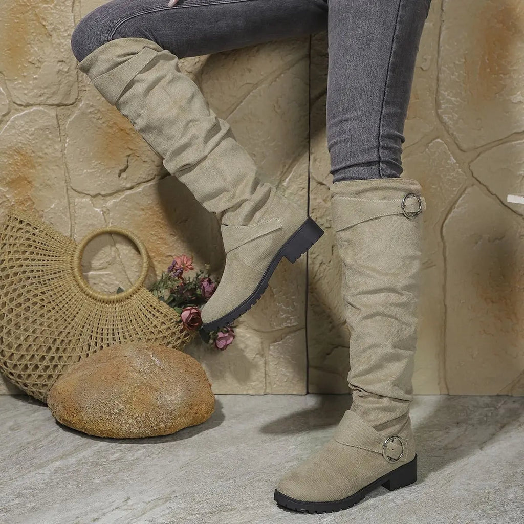 Men's Slouchy Knee High Boots with Block Heel and Buckle Strap - Image 7
