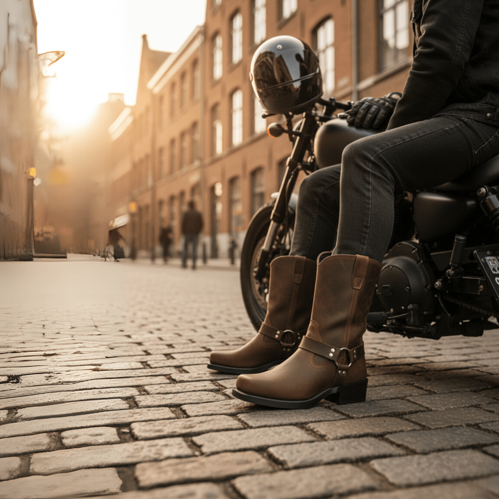 Men's Square Toe Motorcycle Harness Boots with Metal Studs and Pull-On Side Tabs - Image 4