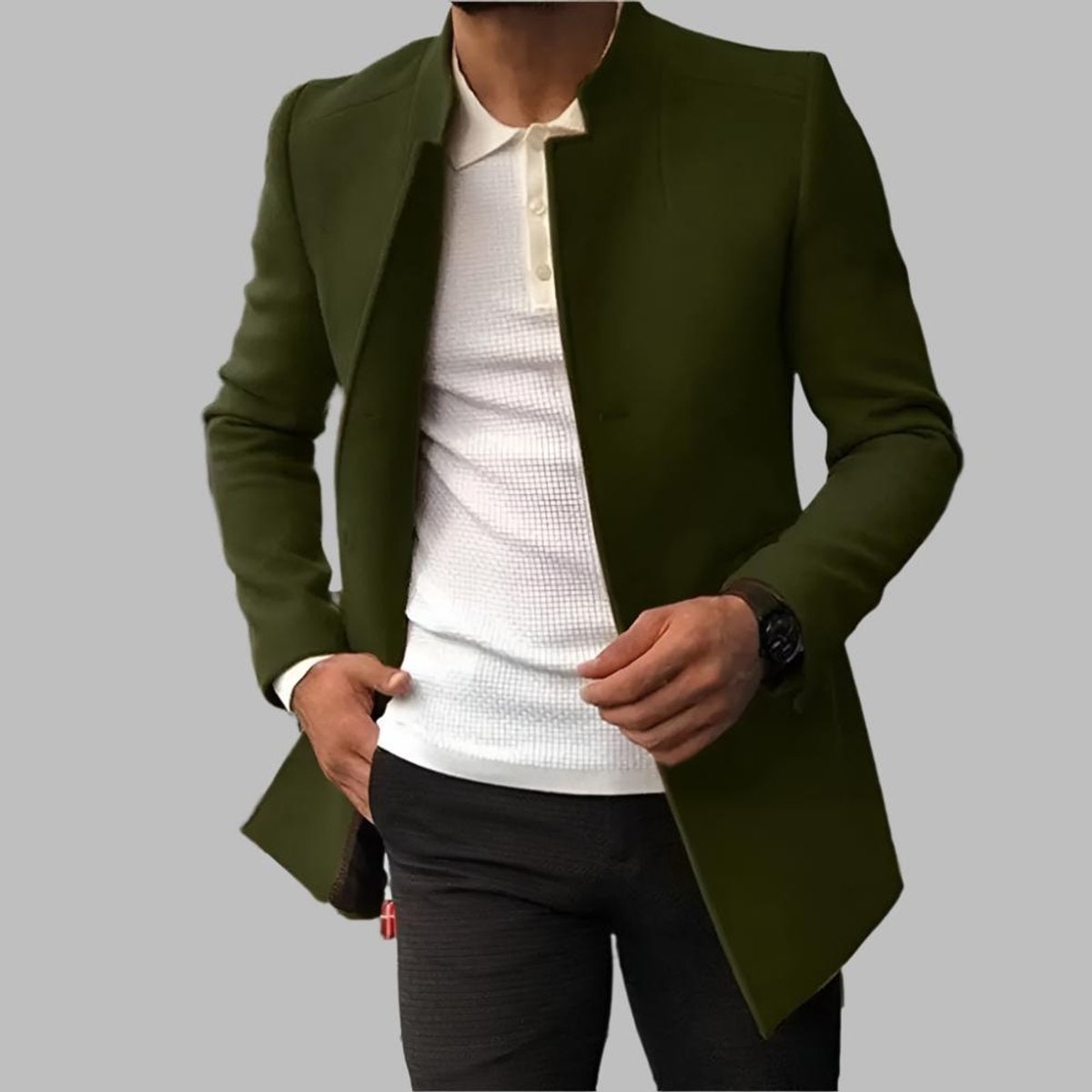 Men's Stand Collar Wool Blend Overcoat Slim Fit Button Front - Image 2