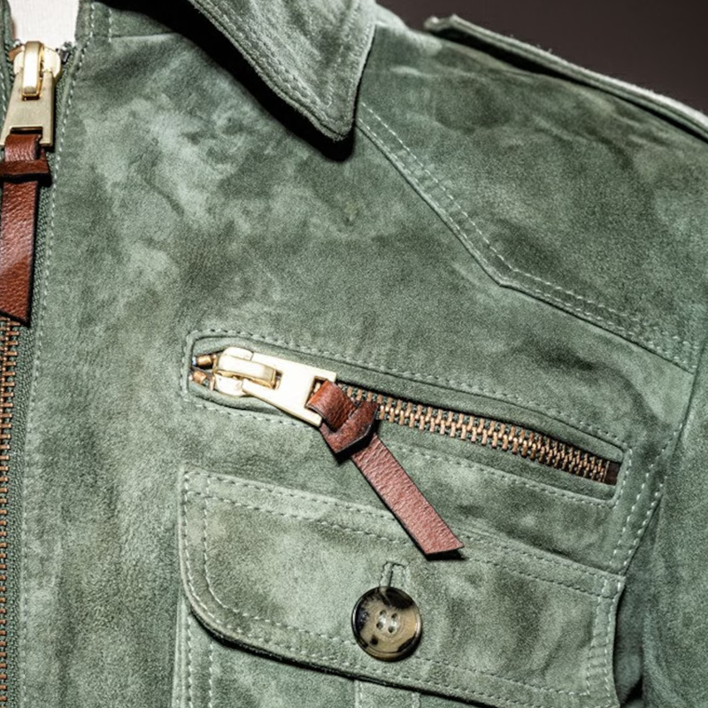 Men's Suede Bomber Jacket with Pointed Collar and Chest Pockets - Image 10