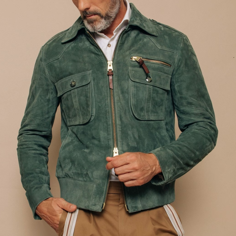 Men's Suede Bomber Jacket with Pointed Collar and Chest Pockets - Image 2